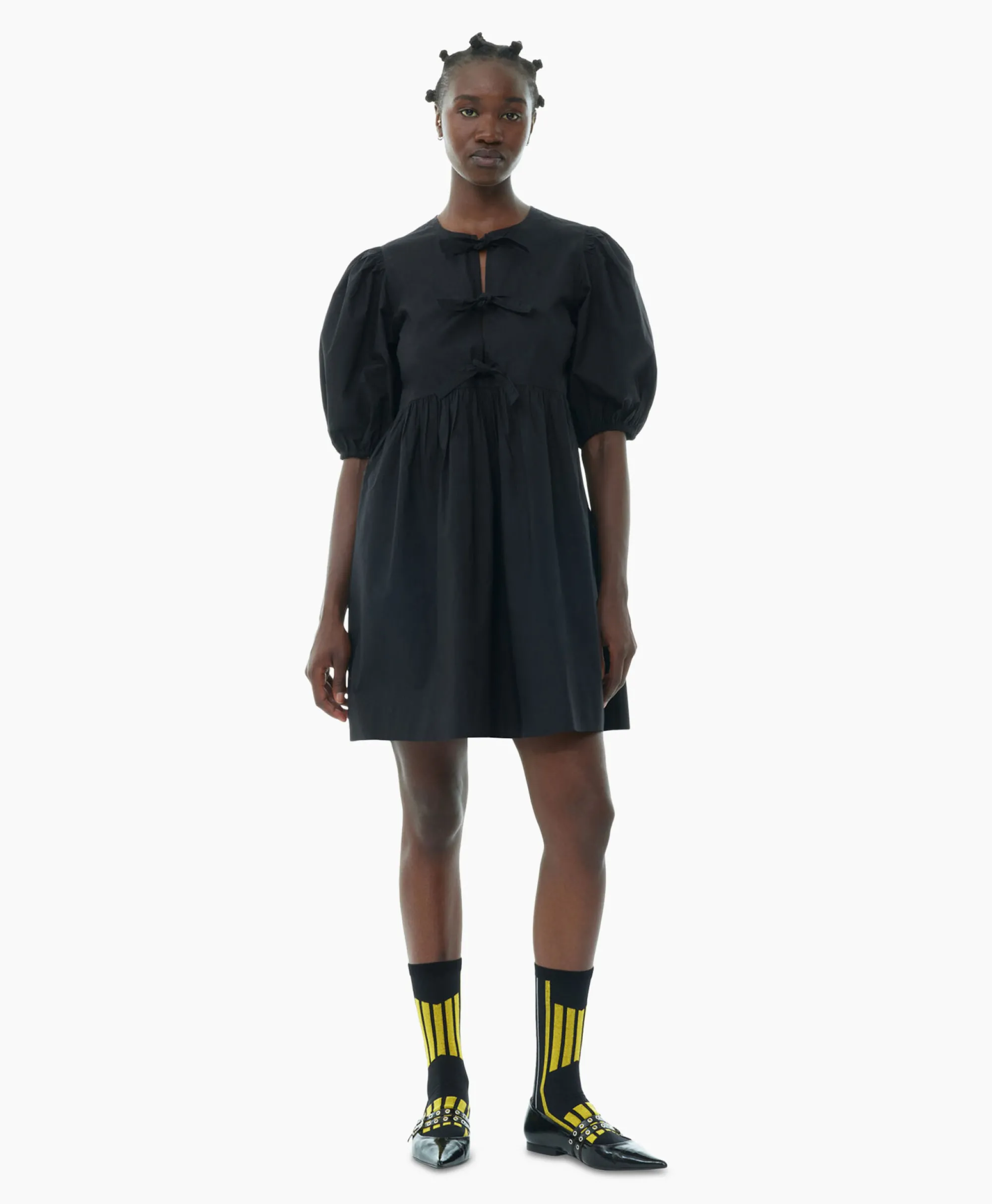 Ganni Mini Jurk Cotton Poplin Tie String Zwart*Dames Jurken